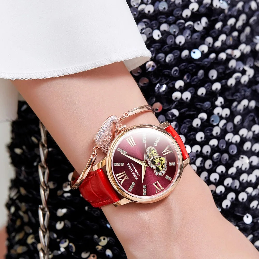 Reef Tiger/RT Top Brand Luxury Ladies Watch Automatic Fashion Watches Lover Gift Rose Gold Red Watch Relogio Feminino RGA1580