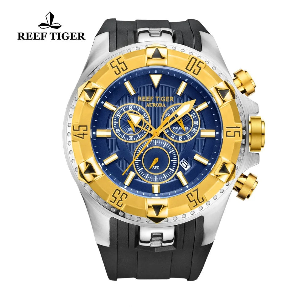 Reef Tiger/RT reloj superluminoso de acero y oro amarillo, relojes deportivos de cuarzo para hombre, cronógrafo y fecha, relojes automáticos RGA303