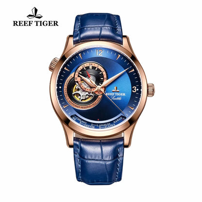 Reef Tiger/RT Relojes casuales Resistente al agua Oro rosa Relojes con esfera azul Correa de reloj de cuero Relojes automáticos RGA1693