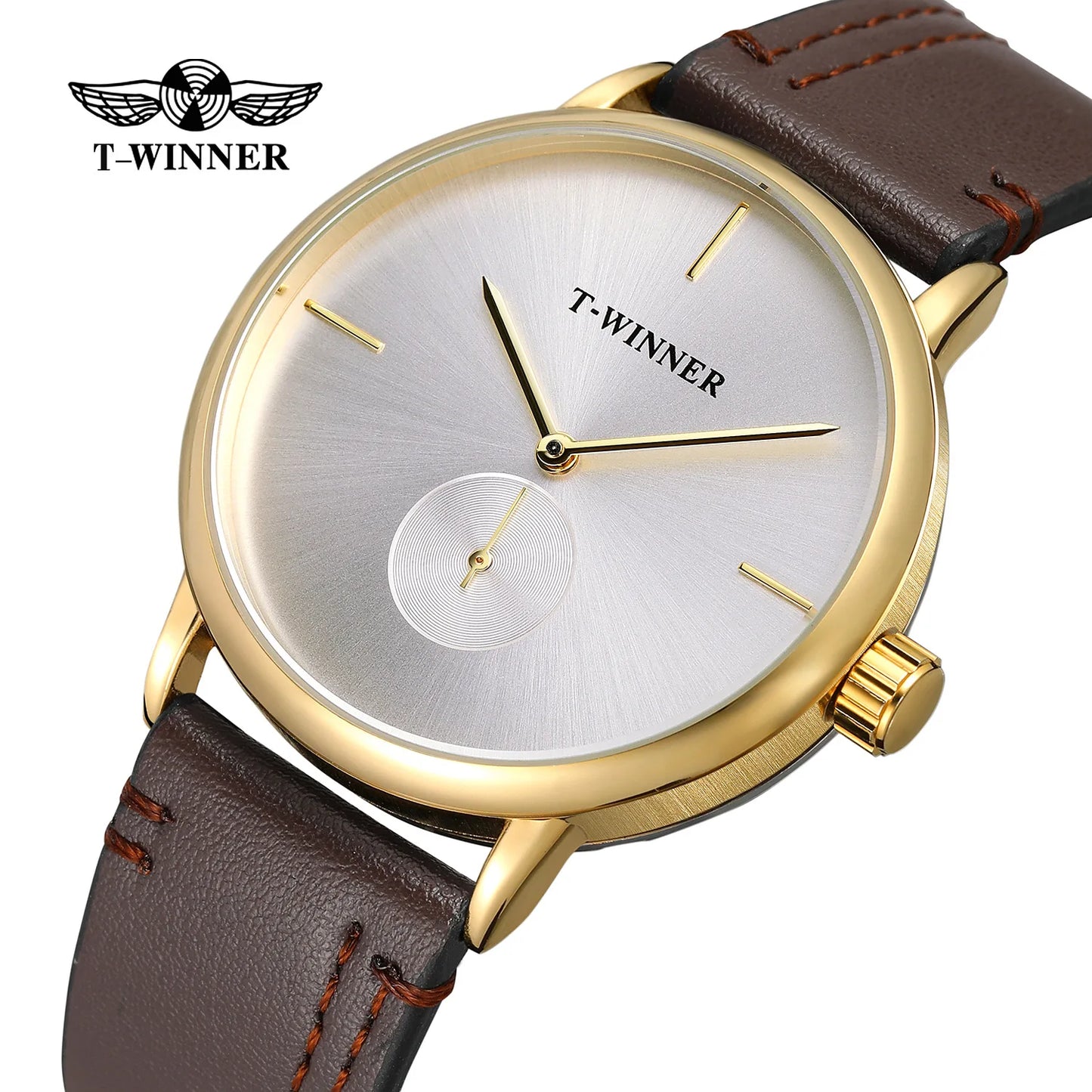 Relojes mecánicos de marca superior T-winner para hombre, correa de cuero genuino, funda negra de negocios de lujo para hombre, reloj Masculino