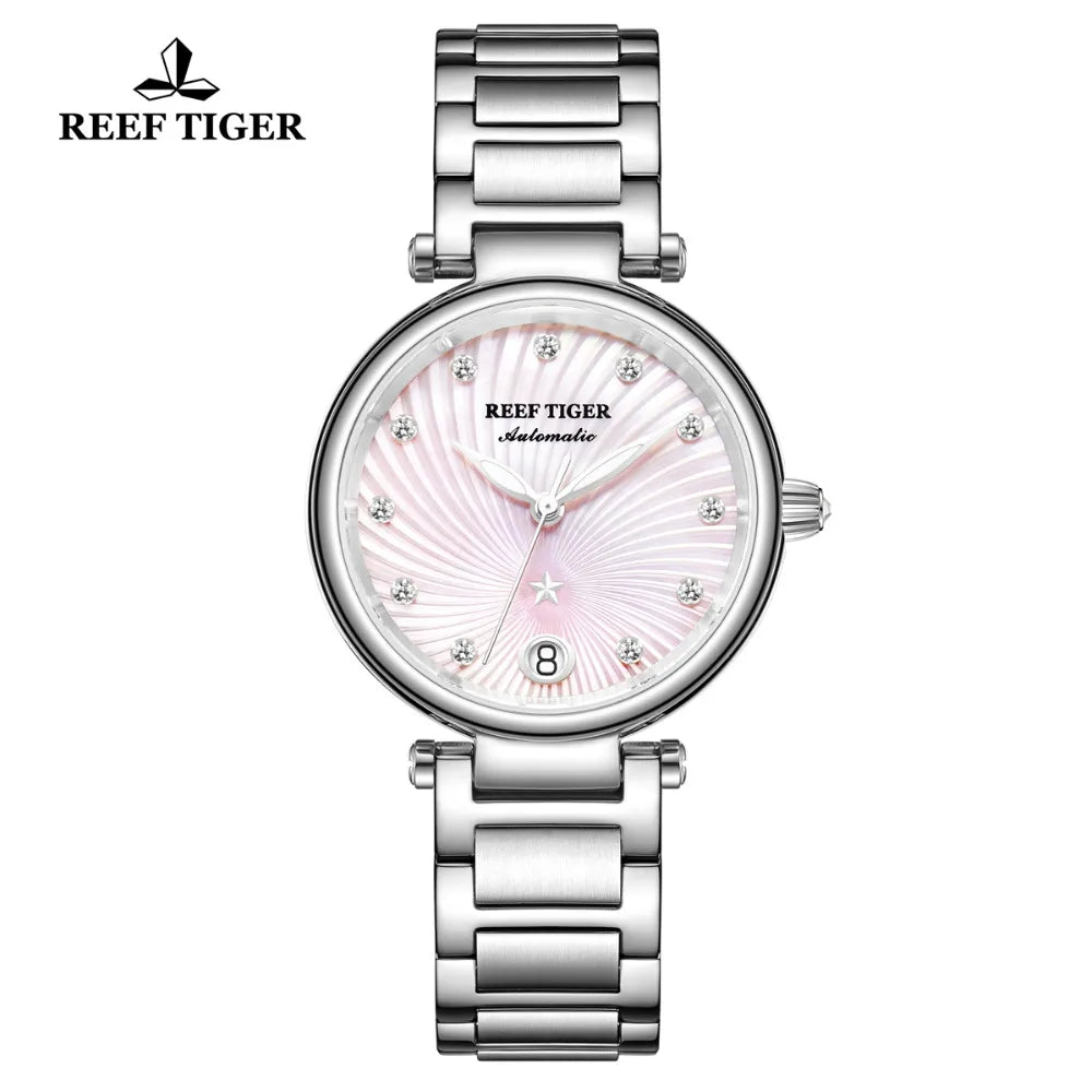 Reef Tiger/RT marca de lujo reloj de mujer de acero inoxidable diamante rosa relojes de pulsera automáticos reloj de mujer RGA1590