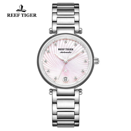 Reef Tiger/RT marca de lujo reloj de mujer de acero inoxidable diamante rosa relojes de pulsera automáticos reloj de mujer RGA1590