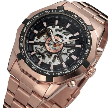 Forsining Top Brand Silver Stainless Steel & Leather Waterproof Mens Skeleton Luxury Transparent Mechanical Male Wrist Watches