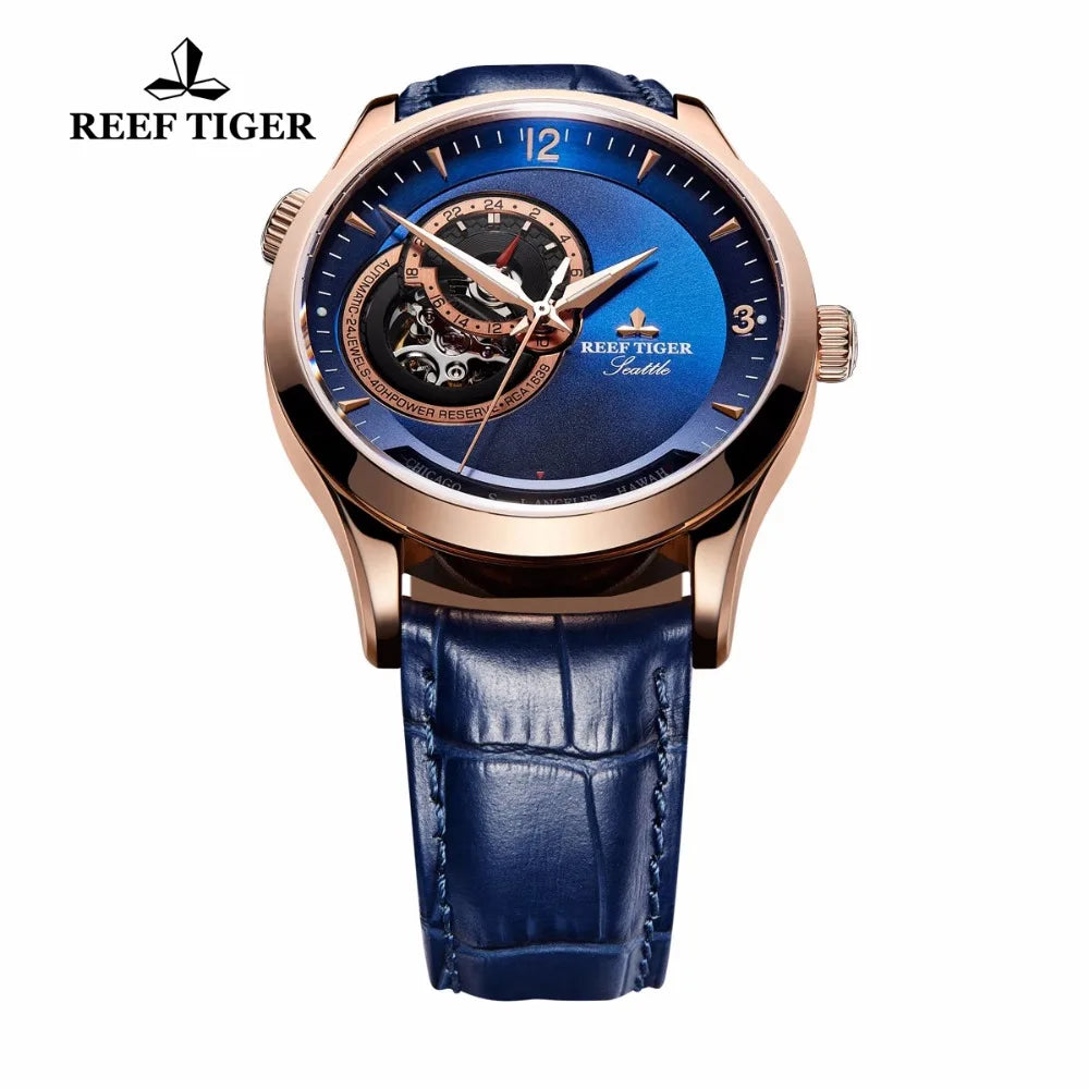 Reef Tiger/RT Relojes casuales Resistente al agua Oro rosa Relojes con esfera azul Correa de reloj de cuero Relojes automáticos RGA1693