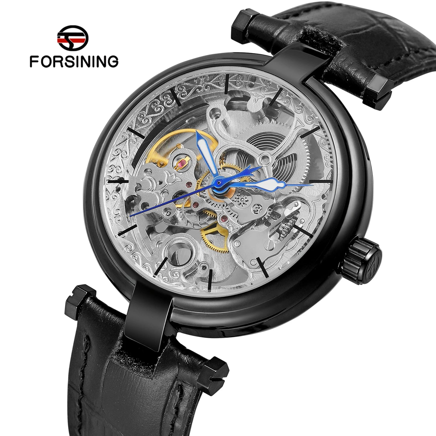 Forsining Retro Men Transparent Automatic Wrist Watch Unique Design Hollow Out Skeleton Leather Mechanical Clock Relojes Hombres