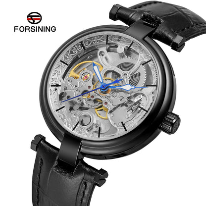 Reloj de pulsera Forsining Retro para hombre, transparente, automático, diseño único, esqueleto calado, reloj mecánico de cuero, Relojes para Hombres