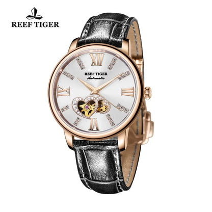 Nuevo reloj Reef Tiger/RT de lujo para mujer, correa de cuero resistente al agua, relojes automáticos con diamantes para mujer, reloj femenino RGA1580