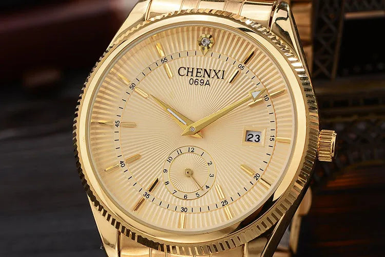 Marca CHENXI, relojes de cuarzo dorados con calendario, reloj de pulsera de lujo para hombre, reloj dorado con diamantes de imitación, reloj Masculino