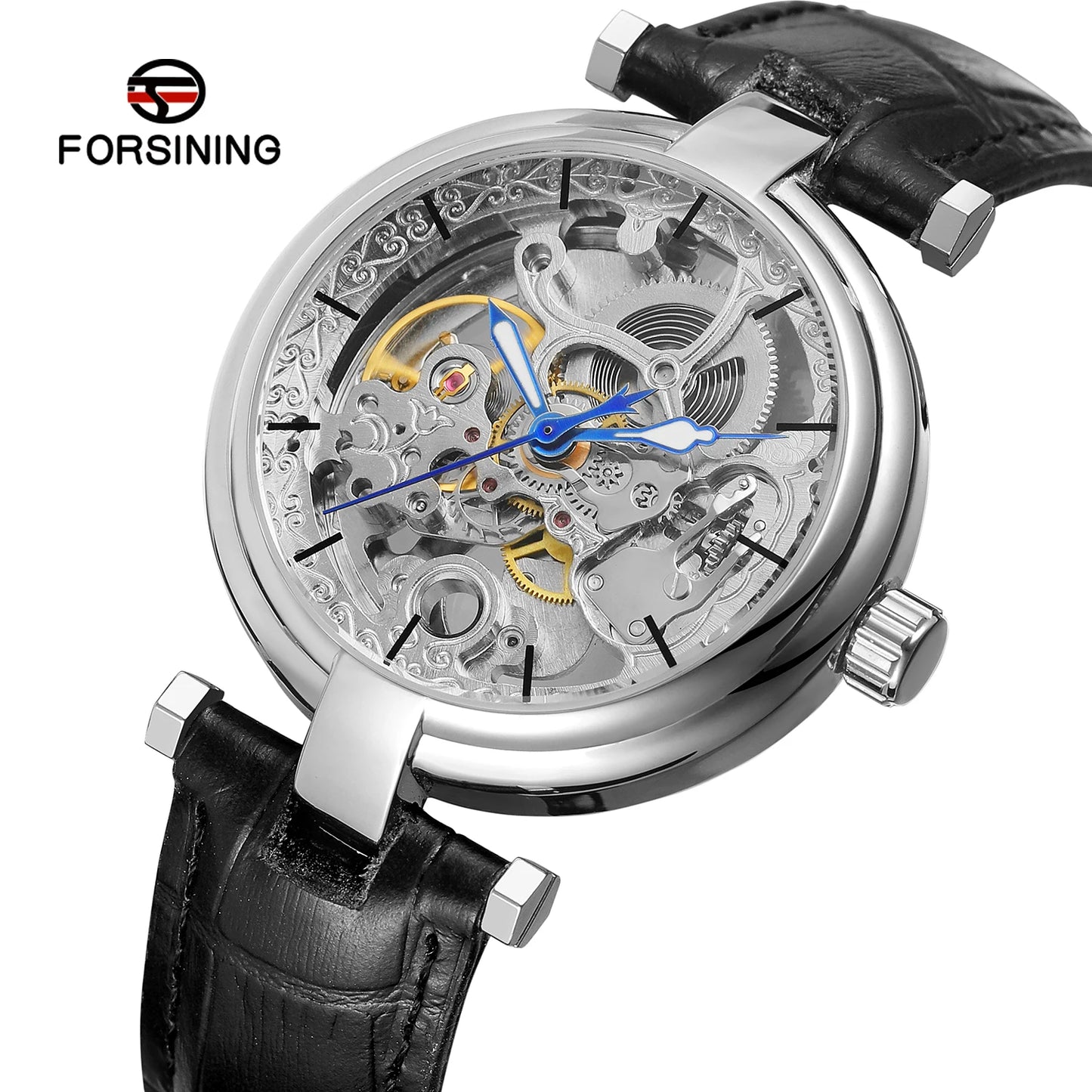 Forsining Retro Men Transparent Automatic Wrist Watch Unique Design Hollow Out Skeleton Leather Mechanical Clock Relojes Hombres