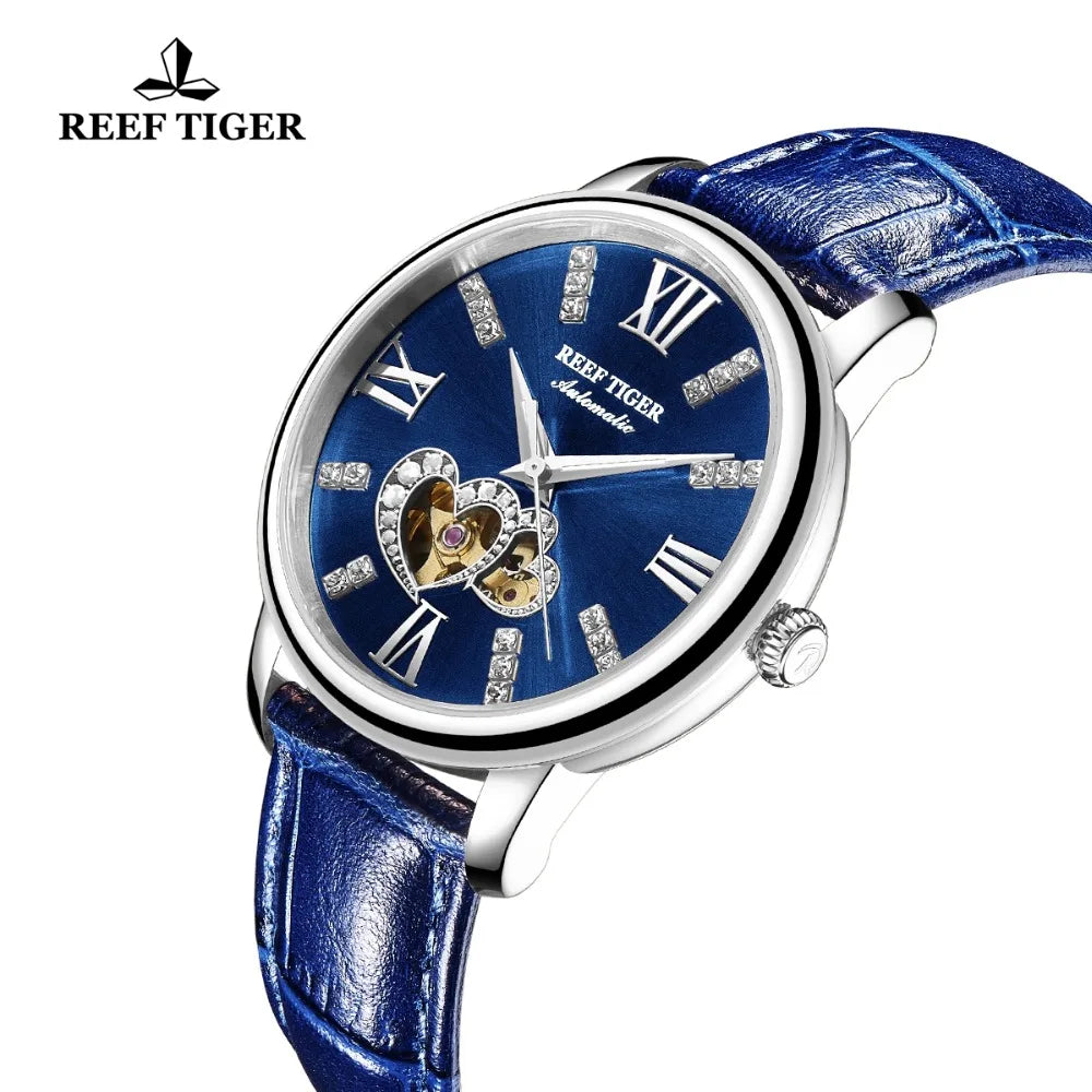 Reef Tiger/RT marca de lujo relojes de Mujer relojes de acero todos azules correa de cuero relojes de diamantes Reloj de Mujer RGA1580