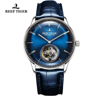 Reef Tiger/RT relojes mecánicos automáticos de marca de lujo reloj Tourbillon azul correa de cuero para hombre reloj masculino RGA1930