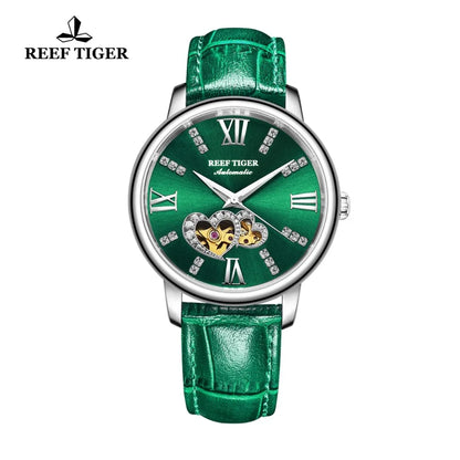 Reef Tiger/RT New Design Fashion Ladies Watch Rose Gold Green Dial Mechanical Watch Leather Band Montre Femme RGA1580