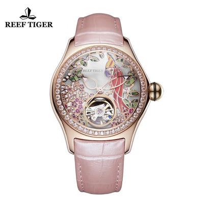 Reef Tiger/RT Relojes de lujo para mujer, relojes resistentes al agua con diamantes, esfera rosa, relojes Tourbillon automáticos RGA7105