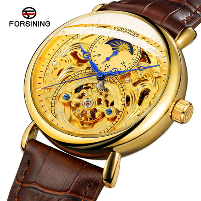 Forsining Top Brand Automatic Mechanical Business Watch Mens Clock Golden Moon Phase Leather Wrist Watches Relogio Masculino