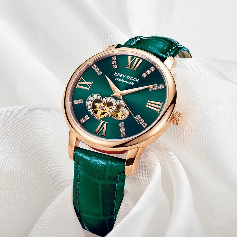 Reef Tiger/RT New Design Fashion Ladies Watch Rose Gold Green Dial Mechanical Watch Leather Band Montre Femme RGA1580