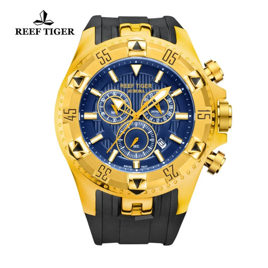 Reef Tiger/RT Reloj deportivo cronógrafo para hombre, esfera azul, correa de caucho de oro amarillo, relojes de cuarzo RGA303