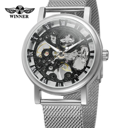 Winner Top Brand Luxury Mesh Stainless Steel Band Transparent Classic Thin Case Transparent Skeleton Mens Mechanical Wrist Watch