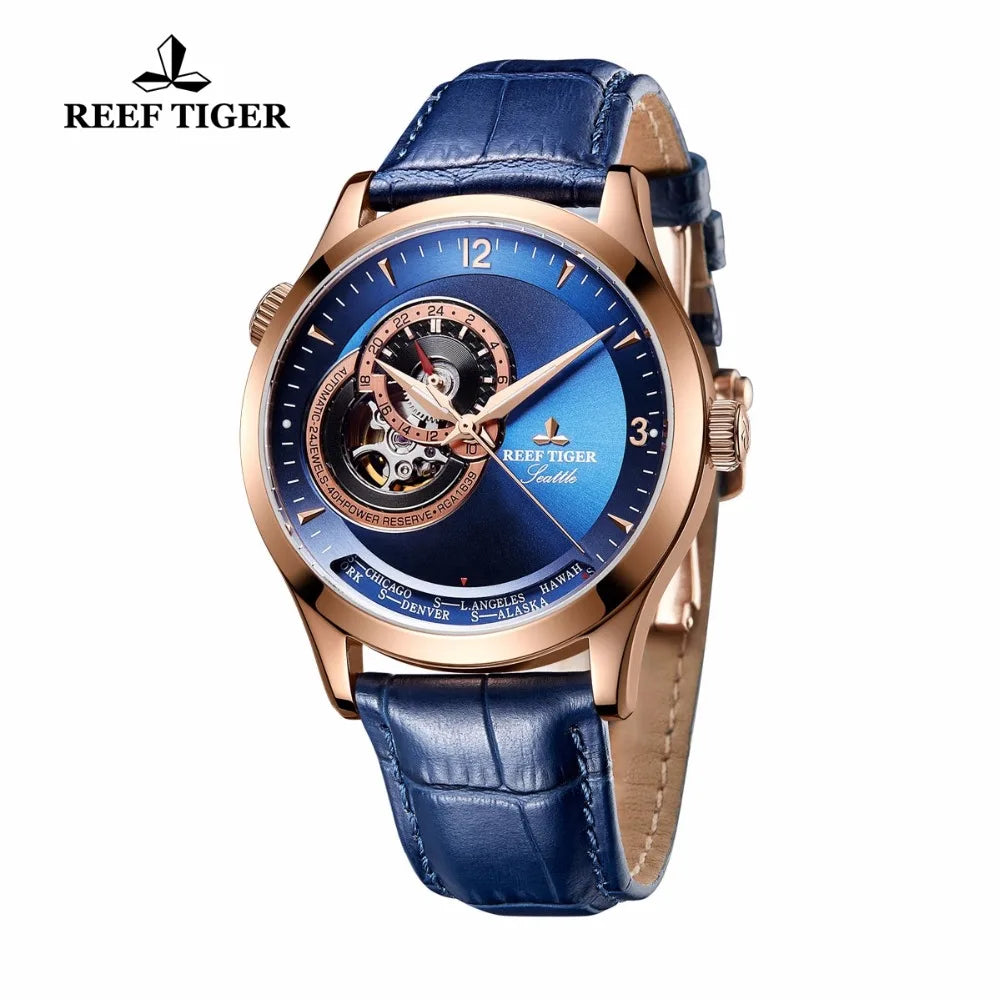 Reef Tiger/RT Relojes casuales Resistente al agua Oro rosa Relojes con esfera azul Correa de reloj de cuero Relojes automáticos RGA1693