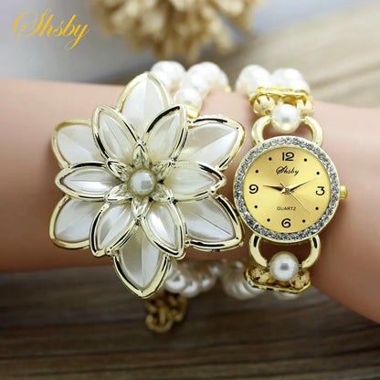 Shsby, relojes de moda para mujer con diamantes de imitación, correa de perlas para mujer, pulsera de flores de muchos pétalos, relojes de pulsera de cuarzo, relojes de vestir para mujer