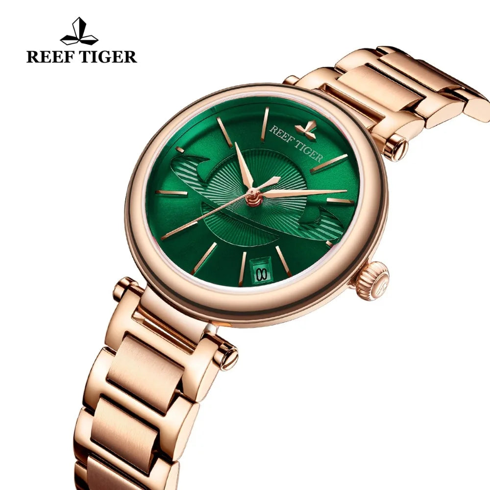 Reef Tiger/RT marca superior reloj de lujo mujer oro rosa verde exquisitos relojes diseñador reloj automático reloj mujer RGA1591