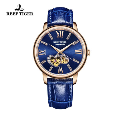 Reef Tiger/RT marca de lujo relojes de Mujer relojes de acero todos azules correa de cuero relojes de diamantes Reloj de Mujer RGA1580