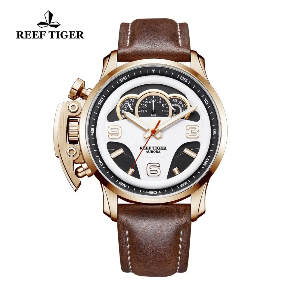 Reef Tiger/RT Relojes deportivos de moda para hombre Esfera de tablero Correa de cuero genuino Cronógrafo Relojes de parada RGA2105