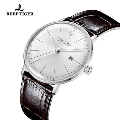 2020 Reef Tiger/RT Luxury Brand Ultra Thin Watch Men Steel Automatic Watches Waterproof Brown Leather Strap Clock RGA8215