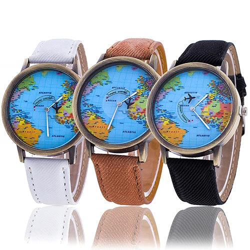 Hot Sale Mini World Fashion Quartz Watch Men Unisex Map Airplane Travel Around The World Women Leather Dress Wrist Watch Clock