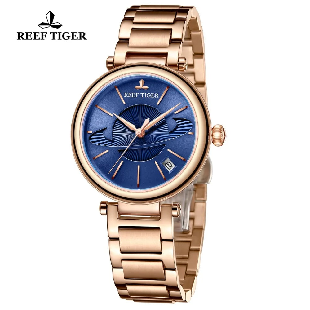 Reef Tiger/RT reloj azul de oro rosa de lujo para mujer, reloj creativo de lujo, reloj impermeable para mujer, reloj femenino RGA1591