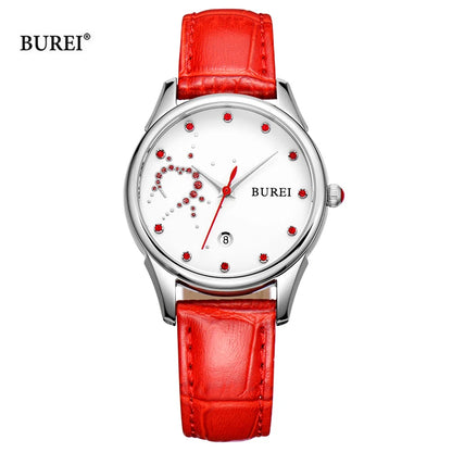 Marca BUREI, relojes de pulsera de cuero de moda para mujer, reloj de pulsera de cuarzo con calendario de zafiro resistente al agua de lujo, reloj femenino