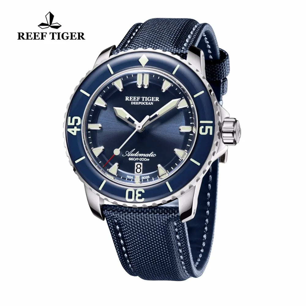 Reef Tiger/RT Relojes de buceo superluminosos para hombre, analógico, automático, esfera azul, reloj con fecha RGA3035