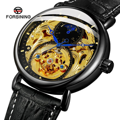 Forsining Top Brand Automatic Mechanical Business Watch Mens Clock Golden Moon Phase Leather Wrist Watches Relogio Masculino