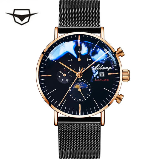 AILANG Men's Mechanical Automatic Fashion Top Brand Sport Watch Tourbillon Moon Phase Stainless Steel Watch Male Clock