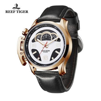 Reef Tiger/RT Relojes deportivos de moda para hombre Esfera de tablero Correa de cuero genuino Cronógrafo Relojes de parada RGA2105