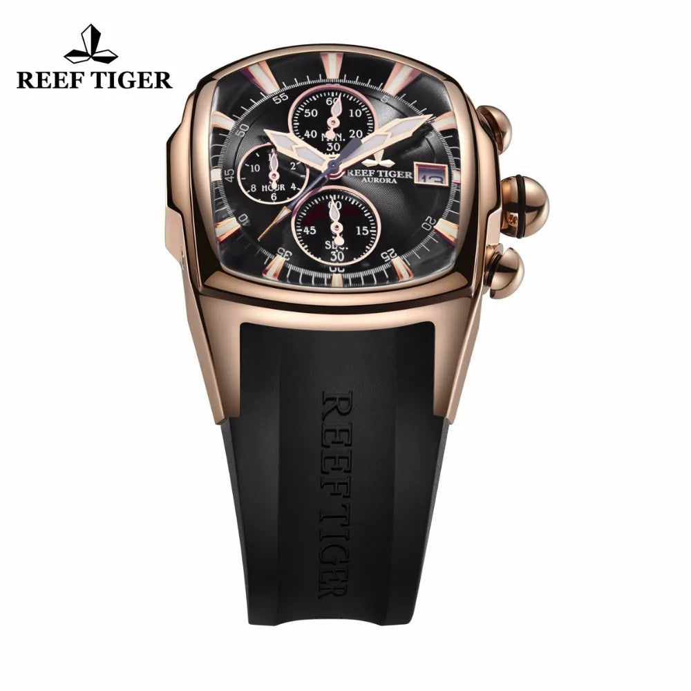 Nueva llegada Reef Tiger/RT reloj grande para hombre impermeable 100 M todos los relojes deportivos negros fecha cronógrafo reloj RGA3069-T