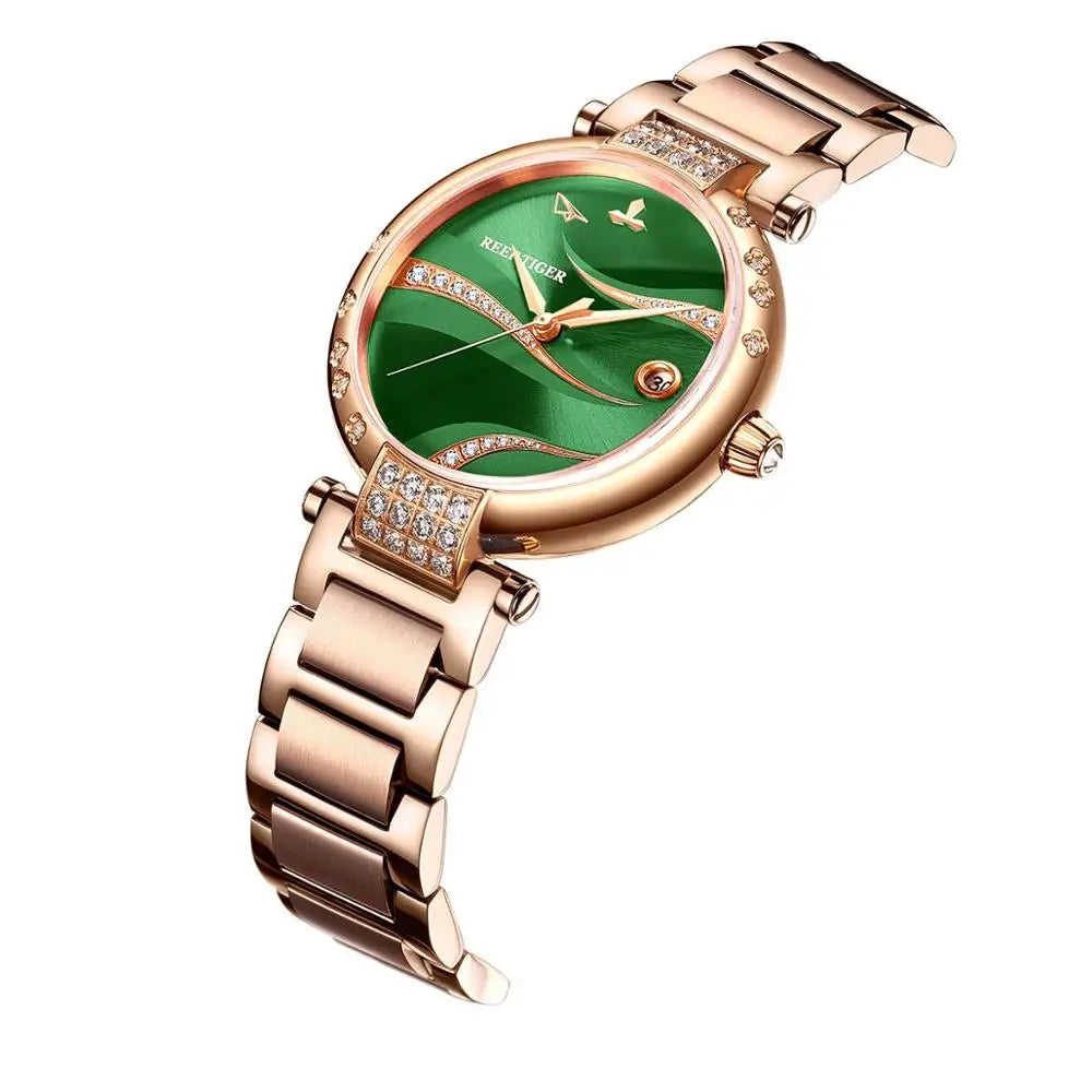 Reef Tiger/RT Reloj de acero inoxidable con caja de oro rosa a la moda para mujer, calendario analógico, esfera verde automática RGA1589