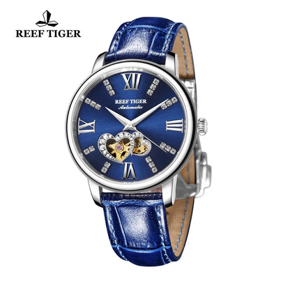 Reef Tiger/RT marca de lujo relojes de Mujer relojes de acero todos azules correa de cuero relojes de diamantes Reloj de Mujer RGA1580