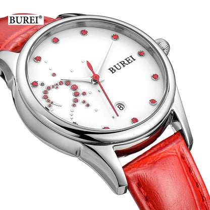 Marca BUREI, relojes de pulsera de cuero de moda para mujer, reloj de pulsera de cuarzo con calendario de zafiro resistente al agua de lujo, reloj femenino