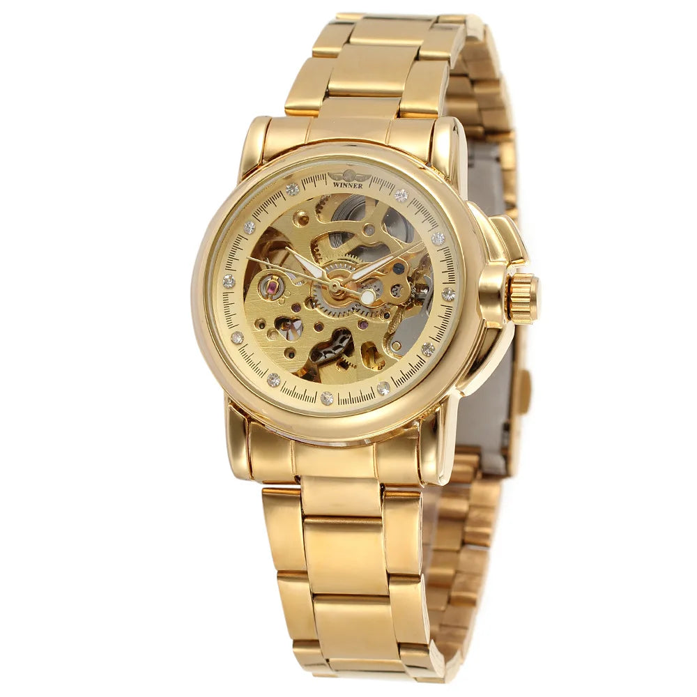 Relojes mecánicos automáticos dorados de lujo para mujer, reloj de acero inoxidable a la moda para mujer, reloj con esqueleto hueco de cristal Saati