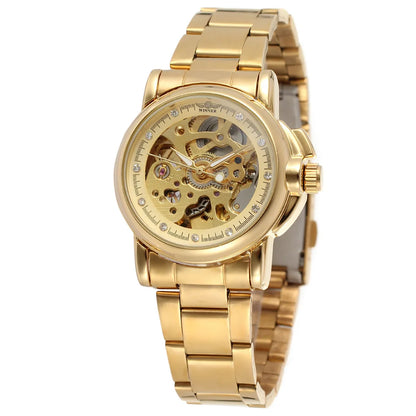 Relojes mecánicos automáticos dorados de lujo para mujer, reloj de acero inoxidable a la moda para mujer, reloj con esqueleto hueco de cristal Saati