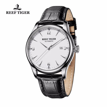 Reef Tiger/RT relojes mecánicos de negocios cristal de zafiro acero 316L correa de cuero genuino reloj banda de cuero RGA823G