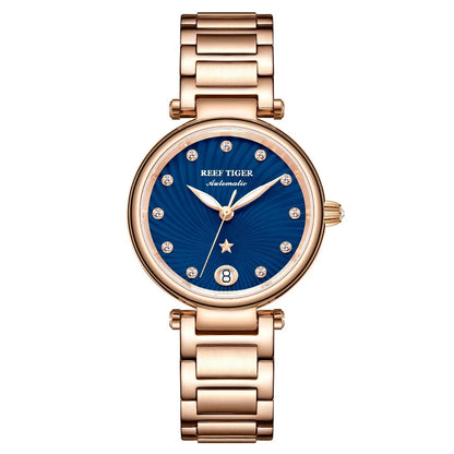 Reef Tiger/RT New Design Luxury Rose Gold Watch Blue Dial Automatic Watches Women Diamond Bracelet Watch reloj mujer RGA1590