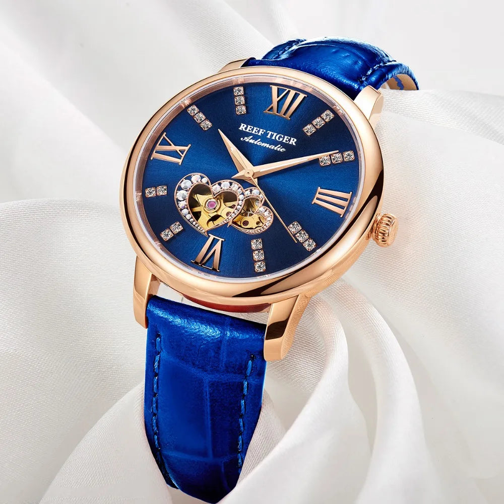 Reef Tiger/RT marca de lujo relojes de Mujer relojes de acero todos azules correa de cuero relojes de diamantes Reloj de Mujer RGA1580