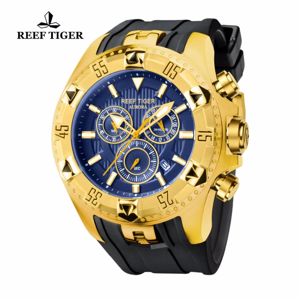 Reef Tiger/RT Reloj deportivo cronógrafo para hombre, esfera azul, correa de caucho de oro amarillo, relojes de cuarzo RGA303