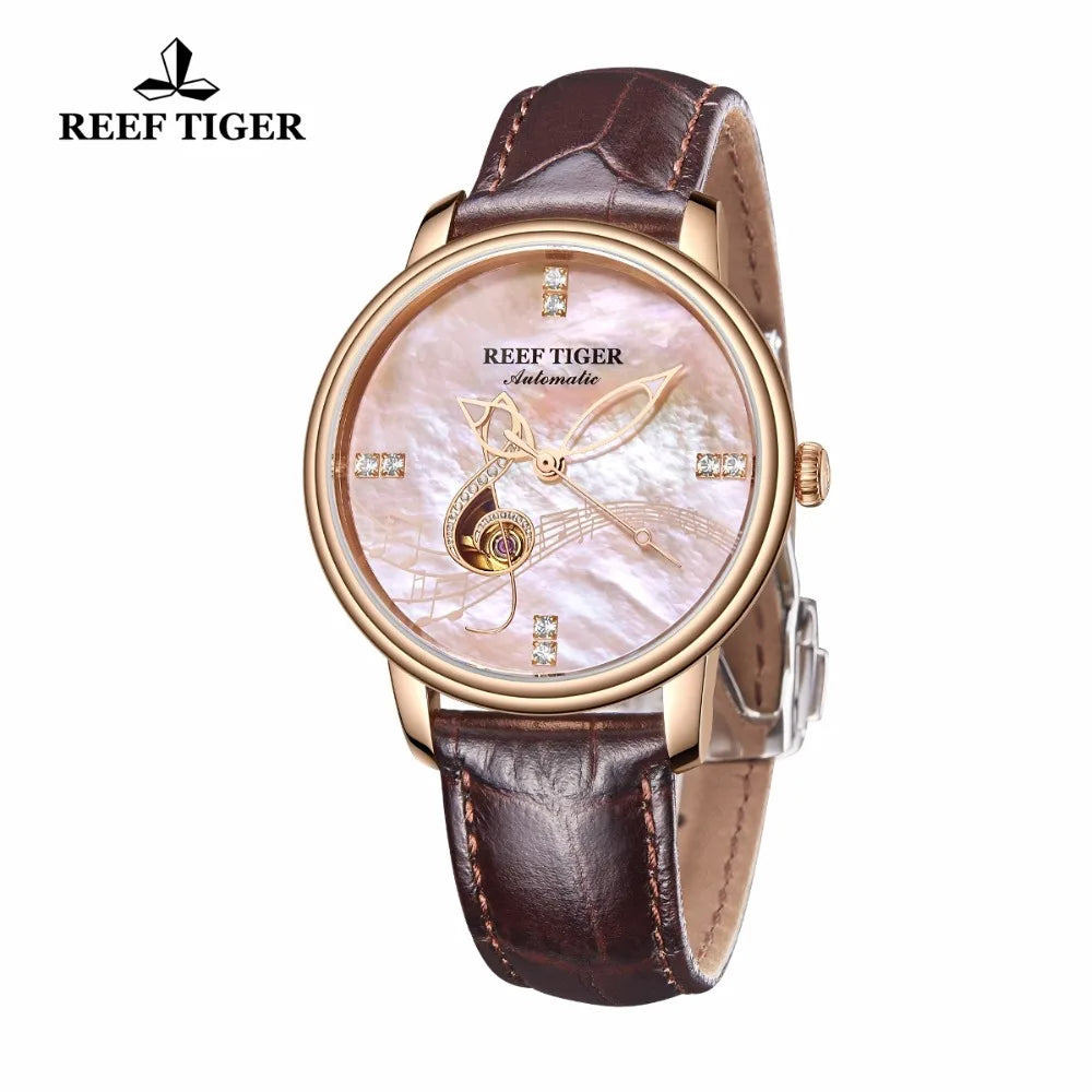 Reef Tiger/RT relojes de moda de lujo para mujer reloj analógico automático con esfera de concha rosa y oro rosa RGA1582