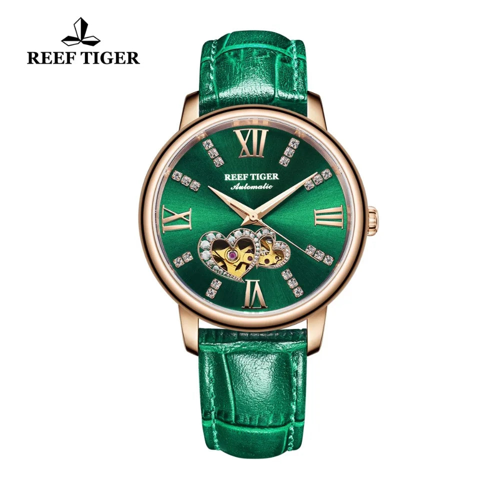 Reef Tiger/RT reloj automático de lujo a la moda para mujer, oro rosa, diseño de correa de cuero, reloj para mujer RGA1580