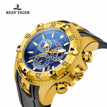 Reef Tiger/RT Reloj deportivo cronógrafo para hombre, esfera azul, correa de caucho de oro amarillo, relojes de cuarzo RGA303