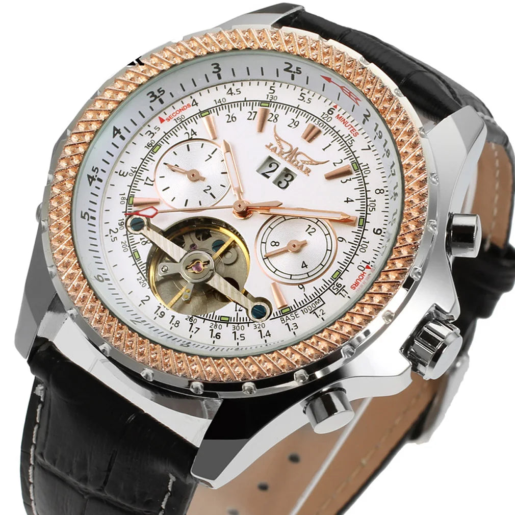 Reloj Mecánico Tourbillon clásico Jaragar de la mejor marca a la moda, relojes de pulsera de esqueleto con calendario de 2 subesferas de cuero rosa dorado para hombre