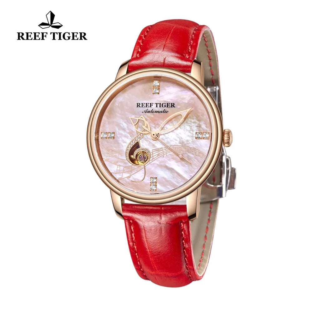 Reef Tiger/RT relojes de moda de lujo para mujer reloj analógico automático con esfera de concha rosa y oro rosa RGA1582