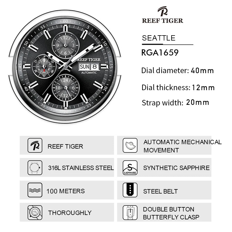 Reef Tiger Mens Automatic Watches Chronograph Men Mechanical Wristwatch Sport Waterproof Luminous Steel Strap Week Date RGA1659